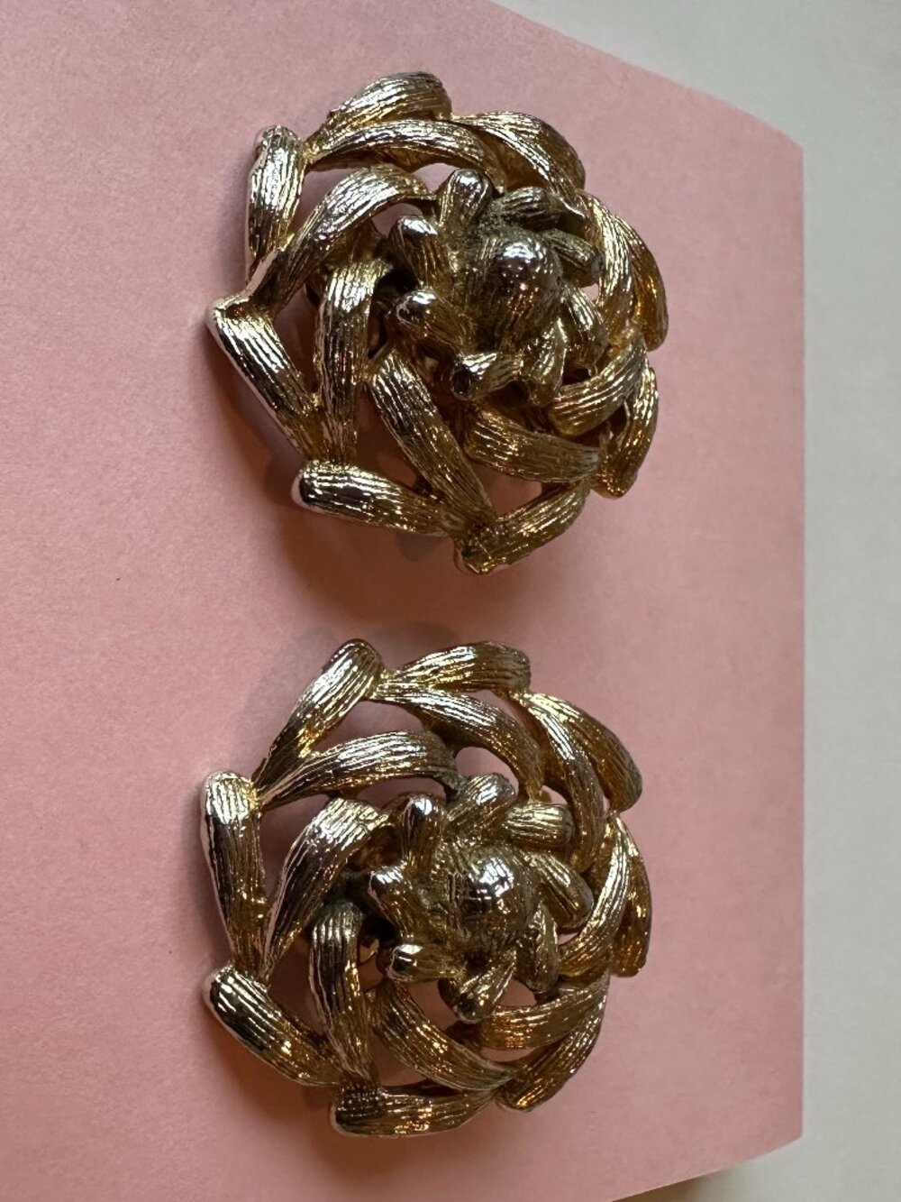 Kramer 1960s Gold Tone Textured Flower Clip On Earrings Signed